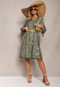 Renee - Zielona Sukienka Bombka z Koszulową Górą w Stylu Boho Alipra. Kolor: zielony. Typ sukienki: bombki, koszulowe. Styl: boho #5