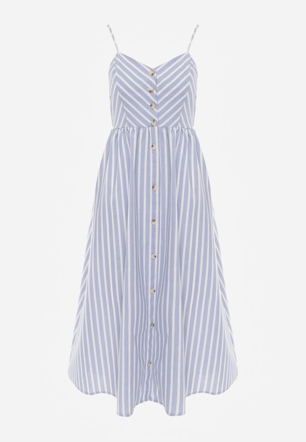 Renee - Niebieska Sukienka Midi w Paski Ozdobiona Guzikami Eimam. Kolor: niebieski. Długość rękawa: na ramiączkach. Wzór: paski, aplikacja. Długość: midi