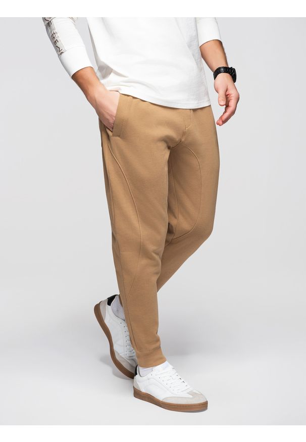 Ombre Clothing - Spodnie męskie dresowe ze ściągaczem przy nogawce BASIC jogger - brązowe V2 - Rozmiar: XXL. Okazja: na spacer, na co dzień, do domu. Kolor: brązowy. Materiał: dresówka. Wzór: jednolity, gładki, aplikacja. Styl: casual