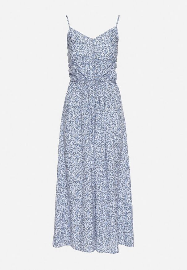 Born2be - Jasnoniebieska Bawełniana Sukienka na Ramiączkach o Rozkloszowanym Kroju Jenarella. Okazja: na co dzień. Typ kołnierza: dekolt w kształcie V. Kolor: niebieski. Materiał: bawełna. Długość rękawa: na ramiączkach. Styl: elegancki, casual