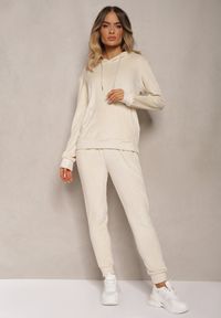 Renee - Jasnobeżowy Komplet Dresowy z Weluru Spodnie z Gumką w Pasie i Bluza z Kapturem Lelaria. Kolor: beżowy. Materiał: welur, dresówka. Sport: turystyka piesza