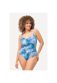 ULLA POPKEN - Damski Strój kąpielowy marmurkowy wzór drapowany miękkie miseczki. Kolekcja: plus size. Kolor: niebieski. Materiał: poliester #1