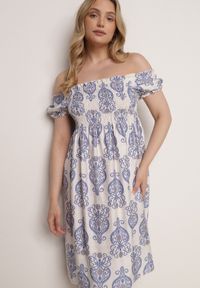 Born2be - Niebieska Wiskozowa Sukienka Hiszpanka w Etniczny Wzór Hywen. Okazja: na co dzień. Typ kołnierza: dekolt hiszpanka. Kolor: niebieski. Materiał: wiskoza. Wzór: paisley. Sezon: lato. Typ sukienki: rozkloszowane, proste. Styl: casual, klasyczny #1