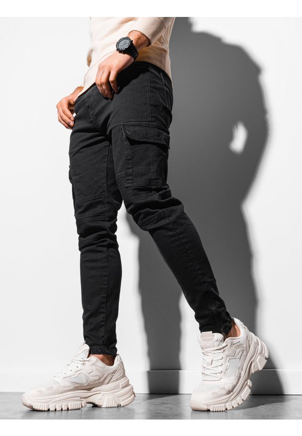 Ombre Clothing - Spodnie męskie joggery bojówki P924 - czarne - XXL. Kolor: czarny. Materiał: bawełna, jeans, elastan. Długość: krótkie