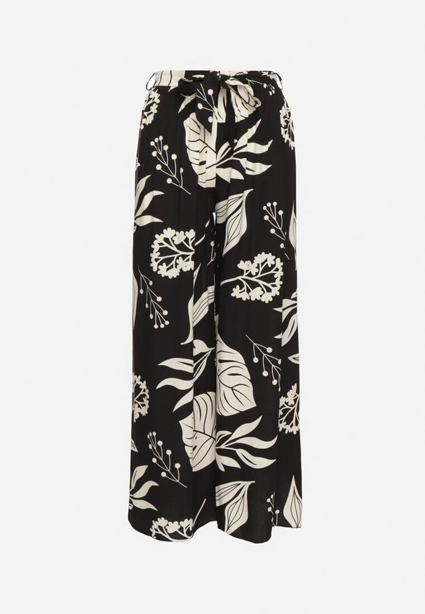 Born2be - Czarne Spodnie w Kwiaty o Szerokim Kroju z Gumką i Paskiem Eledina. Okazja: na co dzień. Kolor: czarny. Wzór: kwiaty. Styl: elegancki, casual