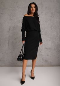 Renee - Czarna Nietoperzowa Sukienka z Dzianiny z Wiskozą z Dekoltem w Łódkę Yuzoma. Typ kołnierza: dekolt w łódkę. Kolor: czarny. Materiał: dzianina, wiskoza. Typ sukienki: oversize #2