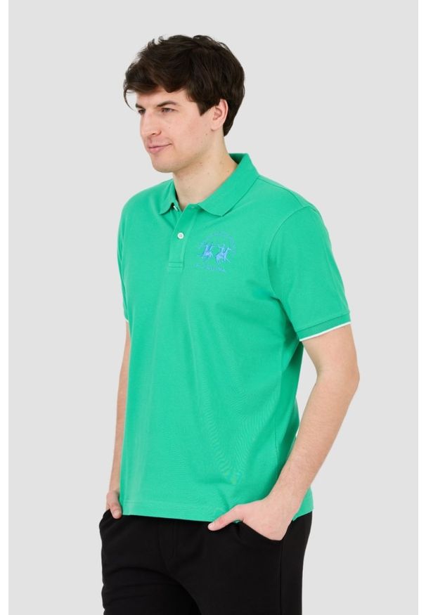 La Martina - LA MARTINA Zielone męskie polo z dużym logo, Rozmiar M. Typ kołnierza: polo. Kolor: zielony