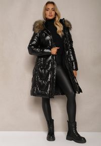 Renee - Czarno-Brązowa Pikowana Kurtka o Długim Kroju z Kapturem i Odpinanym Futrem Mocno Ocieplana Lillanea. Okazja: na co dzień, na spacer. Typ kołnierza: kaptur. Kolor: czarny. Materiał: futro. Długość: długie. Sezon: zima, jesień. Styl: casual, elegancki #4