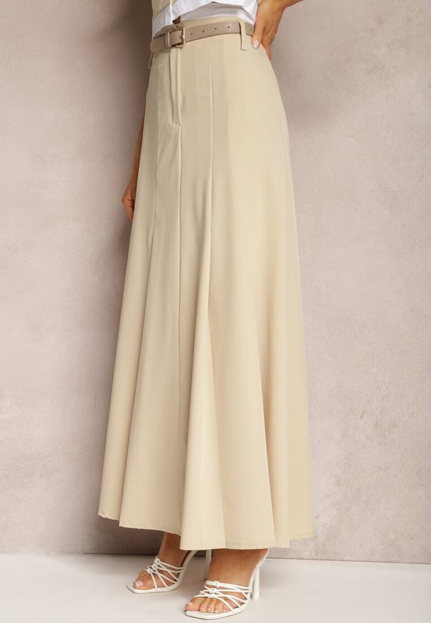 Renee - Beżowa Spódnica Długa Rozkloszowana High Waist Leoraia. Okazja: na spotkanie biznesowe, na co dzień. Stan: podwyższony. Kolor: beżowy. Długość: długie. Styl: elegancki, casual, biznesowy
