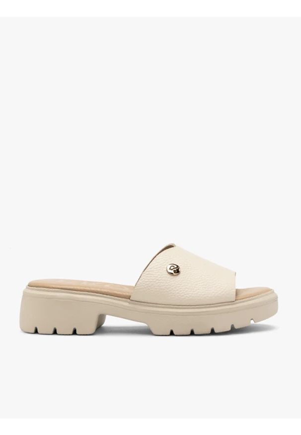Ryłko - Kremowe klapki damskie z platformą. Nosek buta: okrągły. Kolor: beżowy. Materiał: skóra. Sezon: lato. Obcas: na platformie. Styl: street, elegancki