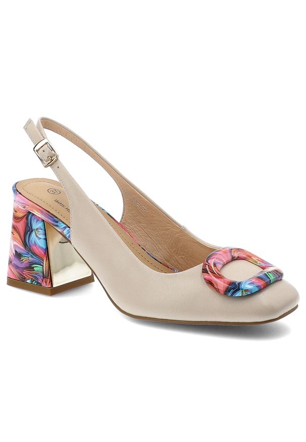 Czółenka damskie S.Barski, slingback ze skóry naturalnej z kolorowym obcasem i ozdobną klamrą z regulowanym paskiem, różowe, LZ61-2010. Okazja: na ślub cywilny, na wesele, na imprezę. Zapięcie: klamry. Kolor: beżowy. Materiał: skóra. Wzór: kolorowy. Obcas: na obcasie. Styl: elegancki. Wysokość obcasa: średni