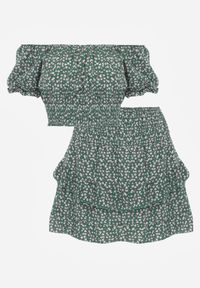 Renee - Zielony Komplet w Kwiaty 2-Częściowy Top w Stylu Hiszpanki i Spódnica z Falbanką Crispa. Kolor: zielony. Materiał: materiał. Wzór: kwiaty #2