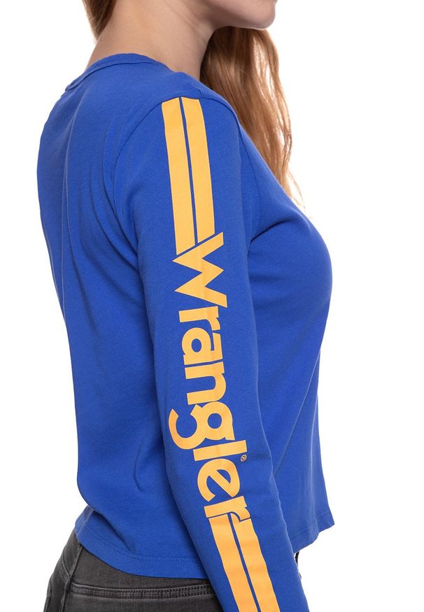 Wrangler - DAMSKI LONGSLEEVE WRANGLER B&Y LS CROP TEE NAUTICAL BLUE W722CF9V2 112130925. Długość rękawa: długi rękaw. Wzór: nadruk