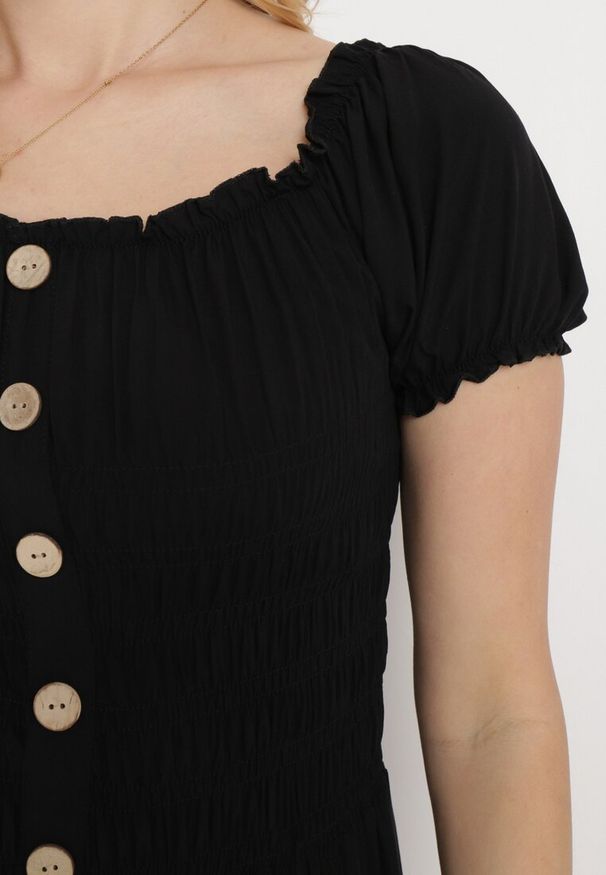 Born2be - Czarna Sukienka z Wiskozy o Kroju Hiszpanki Ciririla. Okazja: na co dzień. Typ kołnierza: dekolt hiszpanka. Kolor: czarny. Materiał: wiskoza. Długość rękawa: krótki rękaw. Sezon: lato. Typ sukienki: rozkloszowane. Styl: casual, elegancki