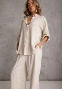 Renee - Jasnobeżowy Komplet z Wiskozy i Lnu w Delikatne Prążki Koszula i Spodnie Wide Leg Cliffesa. Kolor: beżowy. Materiał: wiskoza, len. Wzór: prążki #1