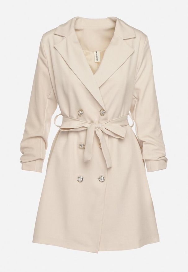 Born2be - Beżowa Elegancka Sukienka Dwurzędowa w Stylu Marynarki z Materiałowym Paskiem i Marszczonymi Rękawami Weira. Okazja: na imprezę, na spotkanie biznesowe. Typ kołnierza: dekolt w kształcie V. Kolor: beżowy. Materiał: materiał. Styl: elegancki