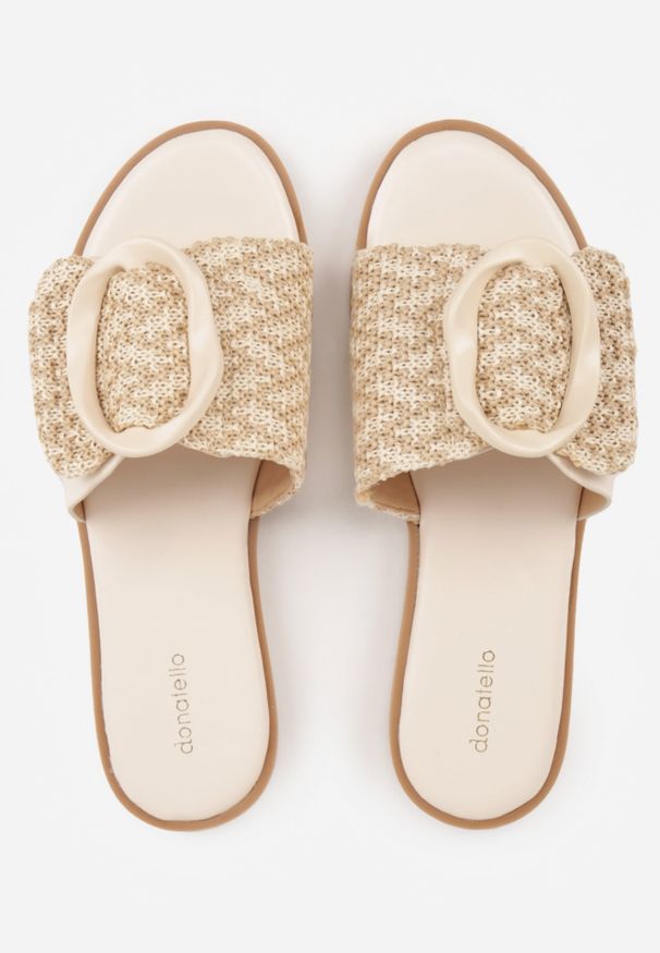 Renee - Beżowe Klapki z Plecionką i Geometryczną Klamrą Nemornell. Okazja: na co dzień. Kolor: beżowy. Materiał: len. Wzór: geometria. Sezon: lato. Styl: boho, retro, casual