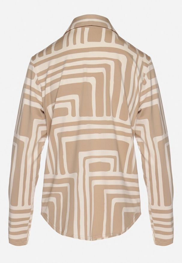 Born2be - Beżowa Koszula z Wiskozą Ozdobiona Geometrycznym Wzorem Solselia. Okazja: na co dzień. Kolor: beżowy. Materiał: wiskoza. Wzór: geometria, aplikacja. Styl: casual, klasyczny, elegancki