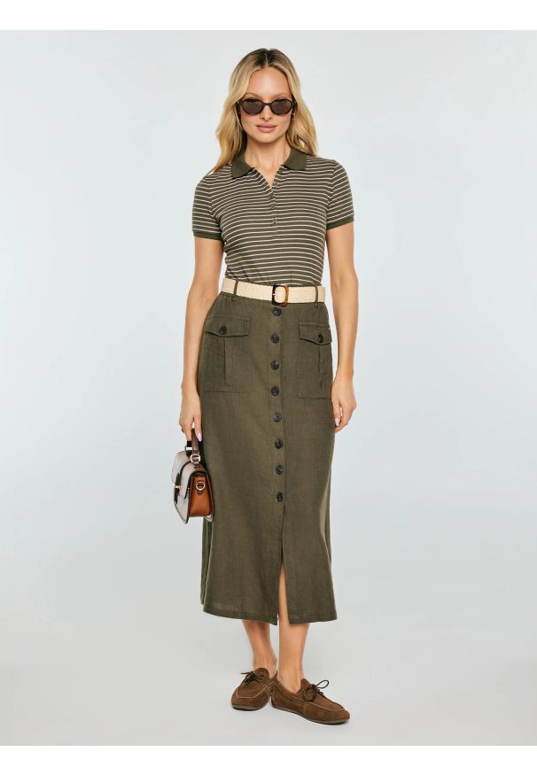 Big-Star - Koszulka damska polo w paski khaki Rellma 303. Typ kołnierza: polo. Kolor: zielony. Materiał: dzianina, włókno, materiał, prążkowany, bawełna. Wzór: paski. Styl: militarny, elegancki, klasyczny