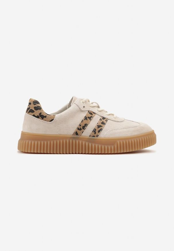Born2be - Beżowe Skórzane Sneakersy Klasyczne Tenisówki z Zamszu Naturalnego ze Wzorem w Panterkę Teniresela. Okazja: na co dzień. Kolor: beżowy. Materiał: zamsz, skóra. Wzór: motyw zwierzęcy