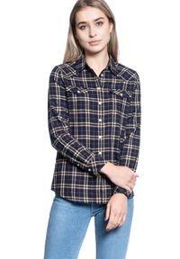 Wrangler - DAMSKA KOSZULA MATERIAŁOWA WRANGLER WESTERN CHECK SHIRT NAVY W5N1O9114. Materiał: materiał