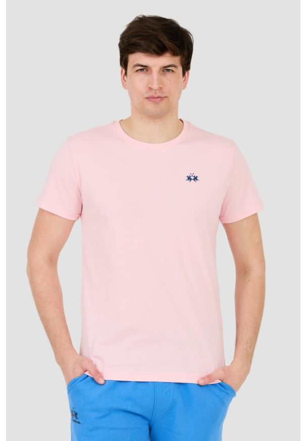 La Martina - LA MARTINA Różowy męski t-shirt z małym logo, Rozmiar L. Kolor: różowy