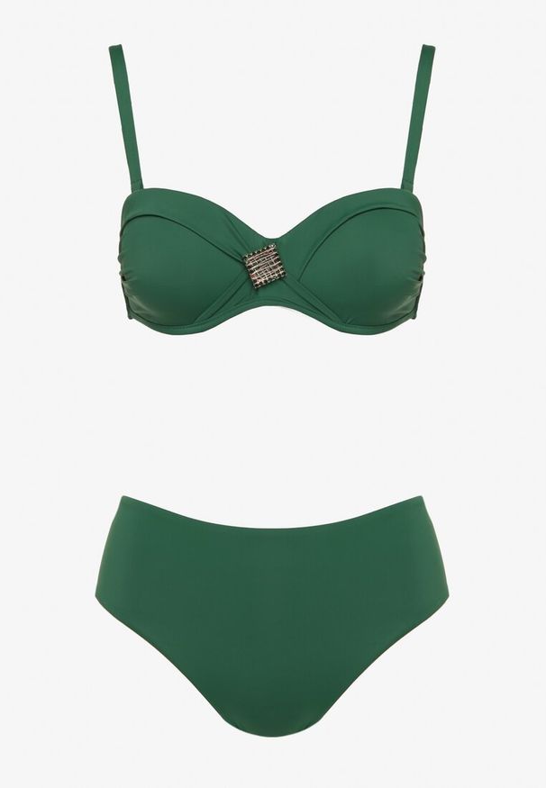 Born2be - Ciemnozielone Bikini Majtki Typu Figi i Biustonosz z Geometryczną Ozdobą Kinavia. Kolor: zielony. Wzór: aplikacja, geometria
