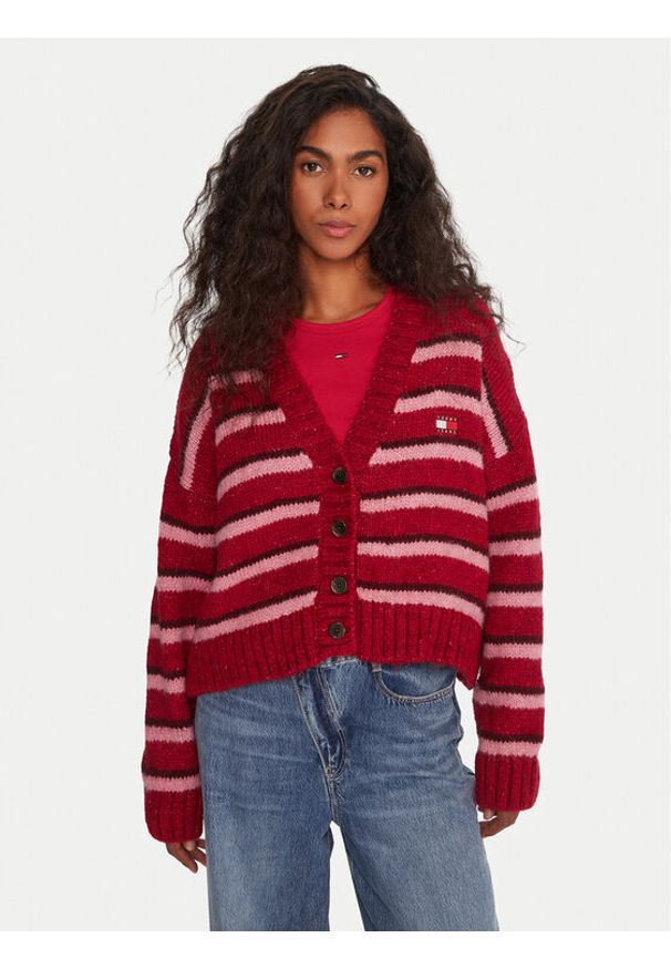 Tommy Jeans Kardigan Badge DW0DW21678 Czerwony Relaxed Fit. Kolor: czerwony. Materiał: syntetyk