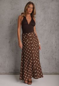 Renee - Brązowa Wiskozowa Spódnica High Waist w Kropki z Guzikami Tadalion. Stan: podwyższony. Kolor: brązowy. Materiał: wiskoza. Wzór: kropki. Styl: retro #5