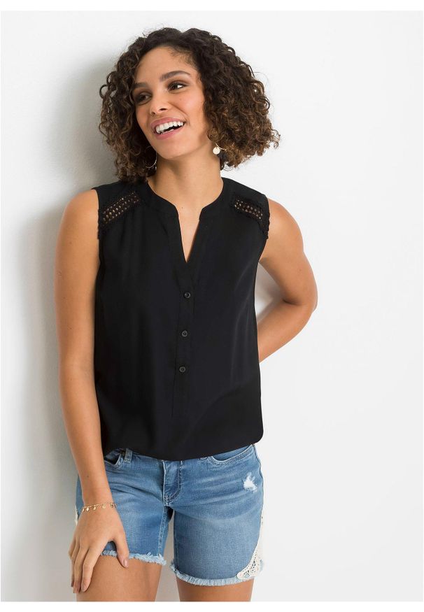 bonprix - Bluzka bez rękawów z czystej wiskozy. Kolor: czarny. Materiał: wiskoza, koronka. Długość rękawa: bez rękawów. Długość: długie. Wzór: koronka, haft. Sezon: lato