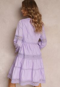 Renee - Fioletowa Rozkloszowana Sukienka Mini z Ozdobnym Dekoltem z Koronką Eudovana. Kolor: fioletowy. Materiał: koronka. Wzór: koronka. Sezon: lato, wiosna. Długość: mini