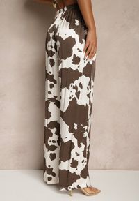 Renee - Brązowe Szerokie Spodnie High Waist z Wiskozy w Print w Krowie Łaty Nelianta. Stan: podwyższony. Kolor: brązowy. Materiał: wiskoza. Wzór: nadruk. Styl: klasyczny, elegancki