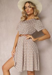 Renee - Brązowo-Beżowa Sukienka Mini z Wiskozy z Rozkloszowanym Dołem Lontassa. Kolor: brązowy. Materiał: wiskoza. Sezon: lato. Długość: mini