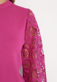 Born2be - Fuksjowy Sweter z Ażurowym Rękawem Lealana. Kolor: różowy. Materiał: tkanina, dzianina. Wzór: ażurowy #2
