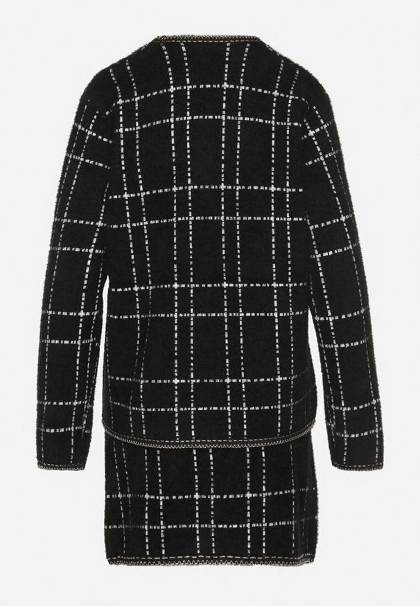 Born2be - Czarno-Biały Dzianinowy Komplet w Kratkę z Kardiganem i Spódnicą Ozdobiony Eleganckimi Guzikami Rairel. Kolor: czarny. Materiał: dzianina. Wzór: aplikacja, kratka