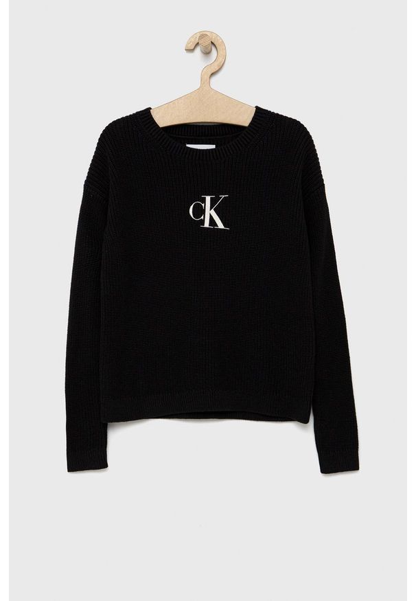 Calvin Klein Jeans Sweter bawełniany dziecięcy IG0IG01285.PPYY kolor czarny lekki. Okazja: na co dzień. Kolor: czarny. Materiał: bawełna. Styl: casual