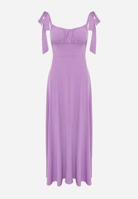 Renee - Fioletowa Długa Sukienka z Marszczonym Dekoltem i Wiązanymi Ramiączkami Rozvita. Kolor: fioletowy. Długość rękawa: na ramiączkach. Typ sukienki: rozkloszowane. Styl: wizytowy. Długość: maxi #8