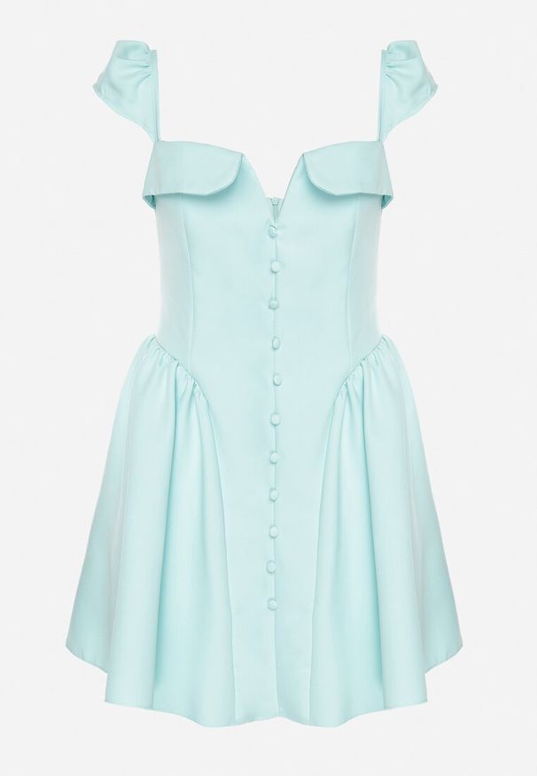 Born2be - Jasnozielona Rozkloszowana Sukienka z Ozdobnym Dekoltem i Guzikami Salasesia. Okazja: na co dzień. Typ kołnierza: dekolt kwadratowy. Kolor: zielony. Materiał: tkanina. Sezon: lato. Styl: klasyczny, casual, elegancki