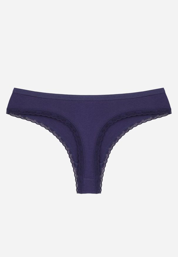 Renee - Granatowe Majtki Stringi z Bawełną z Koronką Aethimilia. Kolor: niebieski. Materiał: bawełna, koronka. Wzór: koronka