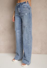 Renee - Niebieskie Jeansy High Waist z Szeroką Nogawką Zdobione Przetarciami Napinea. Stan: podwyższony. Kolor: niebieski. Wzór: aplikacja. Styl: elegancki, vintage #3