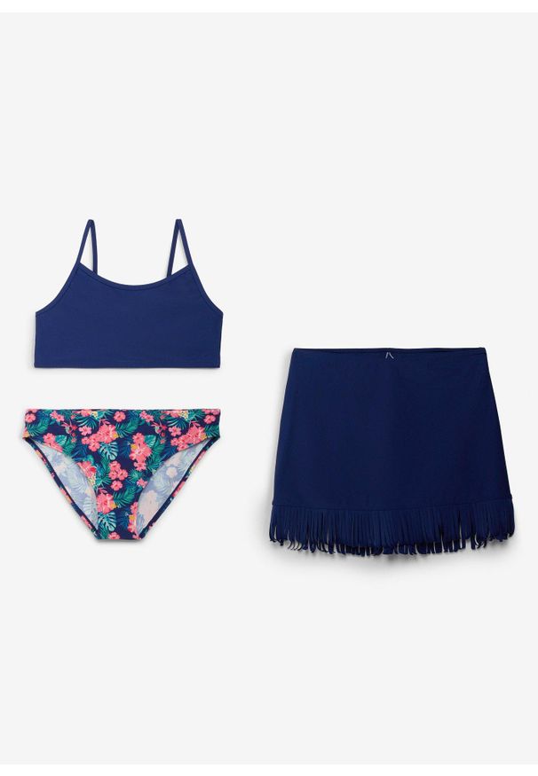 bonprix - Bikini + spódniczka (3 części). Kolor: niebieski