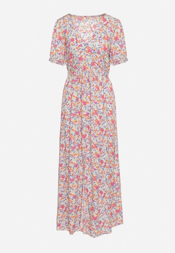 Born2be - Różowa Rozkloszowana Sukienka z Wiskozy z Gumką w Pasiei Rozcięciem na Nogę Missani. Kolor: różowy. Materiał: wiskoza. Długość rękawa: krótki rękaw. Typ sukienki: rozkloszowane