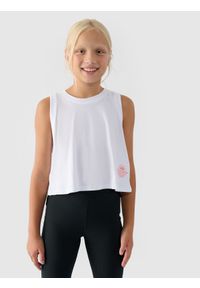 4f - 4F Crop top oversize dziewczęcy - biały 128 (7-8 lat). Okazja: na co dzień. Kolor: biały. Materiał: bawełna, jersey, dzianina. Długość rękawa: na ramiączkach. Wzór: gładki, ze splotem. Sezon: lato. Styl: sportowy, casual