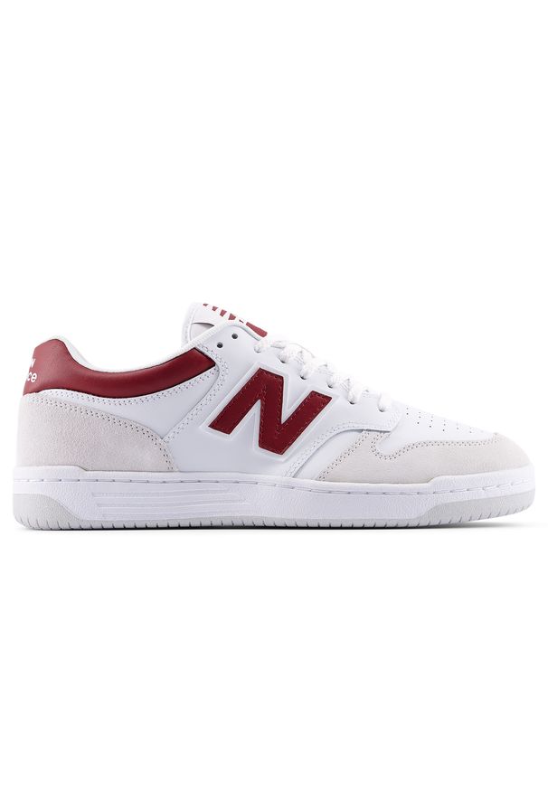 Buty unisex New Balance BB480LIR – białe. Okazja: na co dzień. Kolor: biały. Materiał: skóra, dresówka, materiał, syntetyk. Szerokość cholewki: normalna. Sport: turystyka piesza