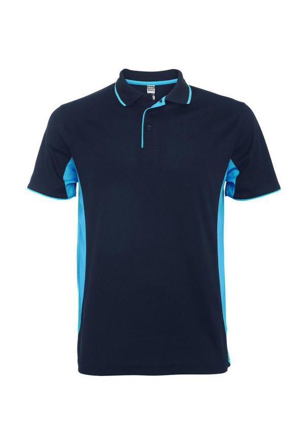 ROLY - Sportowa Koszulka Polo Z Krótkim Rękawem Dla Dorosłych Unisex Montmelo. Typ kołnierza: polo. Kolor: niebieski. Długość rękawa: krótki rękaw. Długość: krótkie. Styl: sportowy