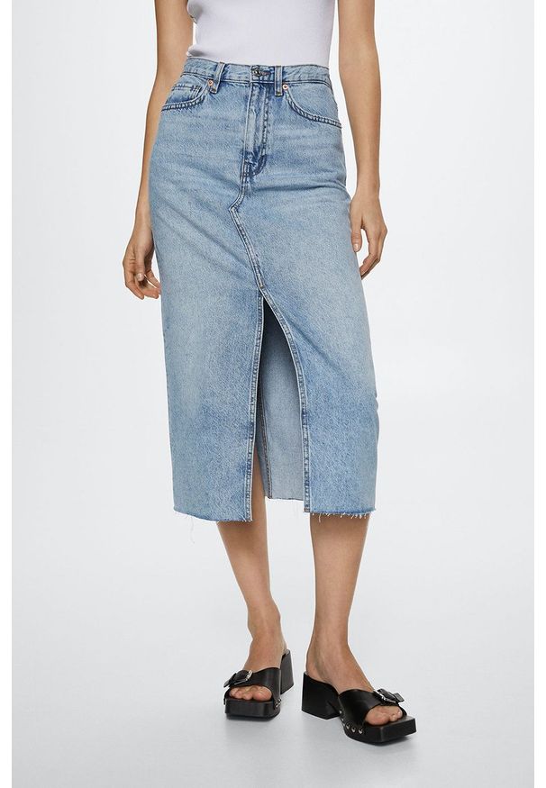 mango - Mango spódnica jeansowa Anais midi prosta. Okazja: na co dzień. Stan: podwyższony. Kolor: niebieski. Materiał: jeans. Styl: casual