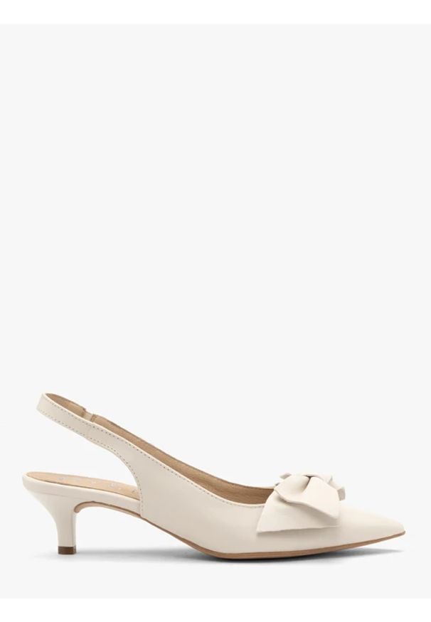 Ryłko - Kremowe czółenka damskie slingback na kaczuszce. Zapięcie: bez zapięcia. Kolor: beżowy. Materiał: skóra. Obcas: na szpilce. Styl: klasyczny, street, elegancki. Wysokość obcasa: średni