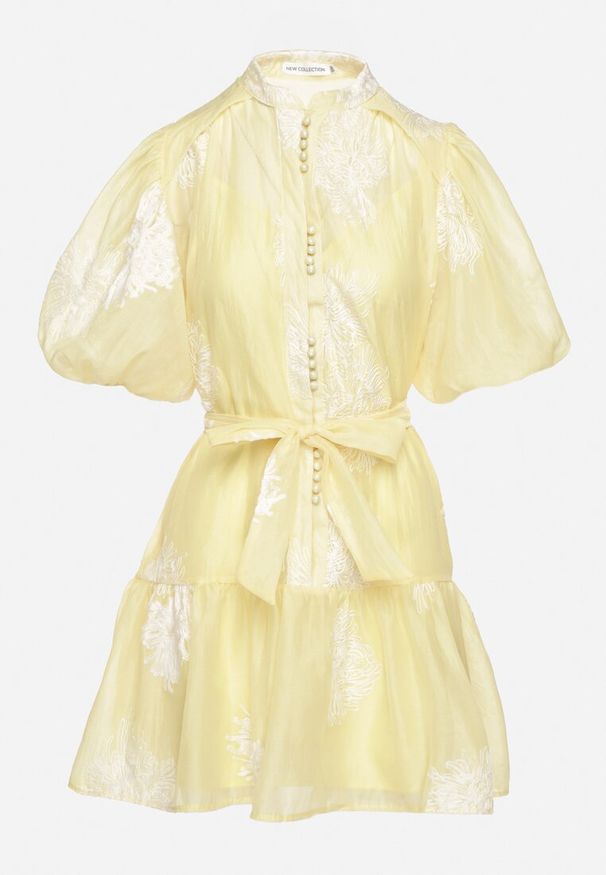 Born2be - Żółta Koszulowa Przezroczysta Sukienka z Bawełną Haftami i Paskiem Lirulira. Okazja: na co dzień. Kolor: żółty. Materiał: bawełna. Wzór: haft. Sezon: lato. Typ sukienki: koszulowe. Styl: elegancki, casual