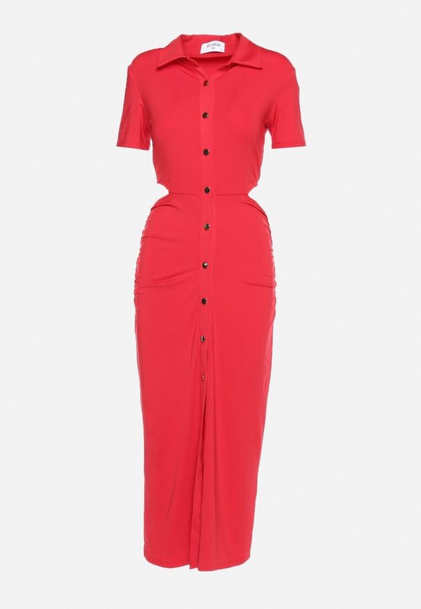 Born2be - Czerwona Sukienka Koszulowa z Wycięciami w Talii i i Marszczeniami Zapinana na Guziki Quvlea. Okazja: na co dzień. Kolor: czerwony. Materiał: wiskoza, jeans. Typ sukienki: koszulowe. Styl: casual