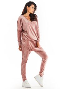 Awama - Welurowe Spodnie z Obniżonym Krokiem - Różowe. Kolor: różowy. Materiał: welur